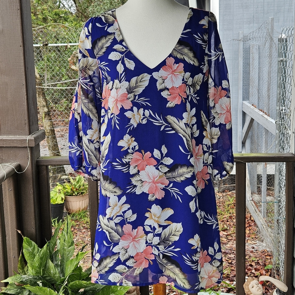 Lulus Royal Blue Tropical Floral Chiffon Mini Dress V-Neck Size S Resort Cottage